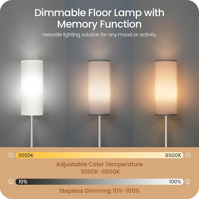 Dimmable Floor Lamps for Living Room with Remote and Foot Switch, 64.4” Modern Standing Tall Lamp, Corner Lamp for Bedroom, Office, Bulb Included, 3000K-6500K, White and Silver, FCC Listed SCW06LD05W1