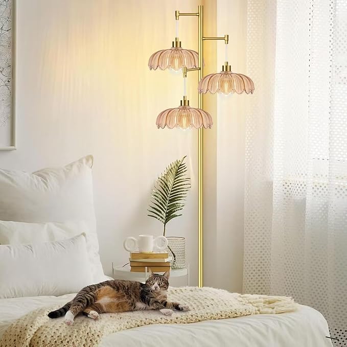 ILLMTW Floor Lamp for Living Room,Bedroom,Gold Mid Century Modern Standing Lamp Brass Tree 3 Light Tall Floor Lamps Vintage Retro Floor Lights Glass Flower Lamp Shade Farmhouse Boho Bohemian
