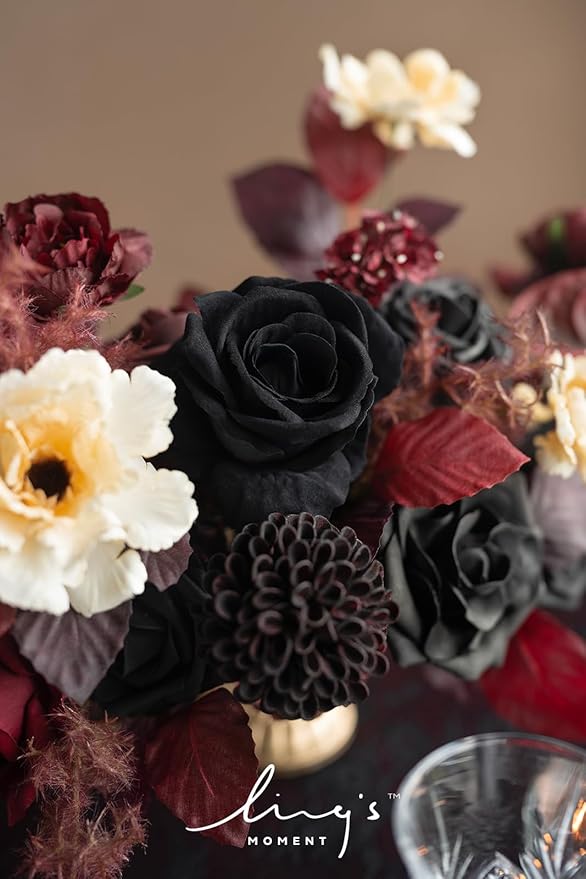 Ling's moment Fake Flowers Box, Faux Artificial Greenery Stems Foam Roses Dahlia Anthurium Silk Hydrangea Fabic Flower for Centerpieces Bouquet Wedding Vase Decorations, Burgundy & Black, Grand Combo