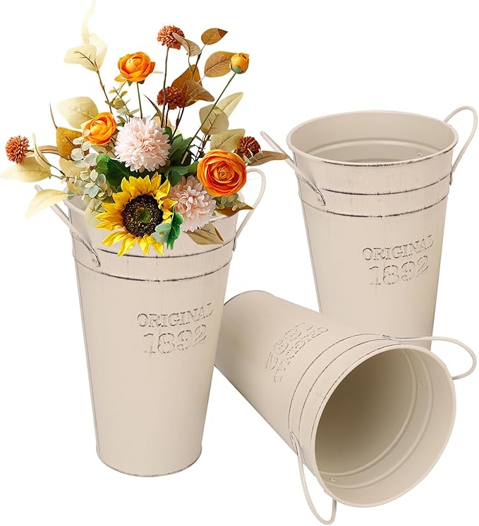 3-Pack 12 Inch Vintage Rustic Galvanized Steel French Bucket Vases for Centerpiece and Home Decor, Weddings