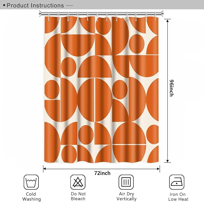 Vintage Orange Mid Century Modern Shower Curtain Boho Abstract Geometric Art Shower Curtains for Bathroom Decor 72x96 Inch 70s 80s Retro Washable Fabric Bathroom Set with 12 Hooks