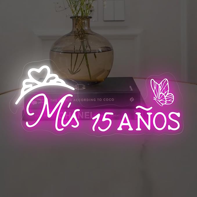 Mis 15 Anos Neon Sign, Sweet 15 Quince Party Sign with Dimmer Switch, Birthday Party Decor, Quinceanera Party Sign, Preppy Room Decor,Birthday Party Home Decorations, Mitzvah Gift-Pink-16"x7.09"