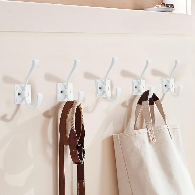 Large Wall Hooks 5 Pack White Coat Hooks Hardware Towel Hooks for Hanging Coats 4.35 Inch Double Robe Hooks Wall Mounted with Screws for Key, Towel, Bags, Cup, Hat