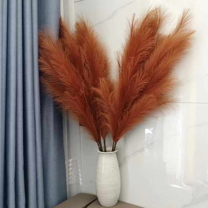 Premium Faux Pampas Grass Decor Tall & Fluffy, No Assembly Needed Long Pampas, Luxury Large Floral, Elegant Feather Flowers for Wedding Decorations (Faux Burnt Orange, 8pcs 43.3"(110cm))