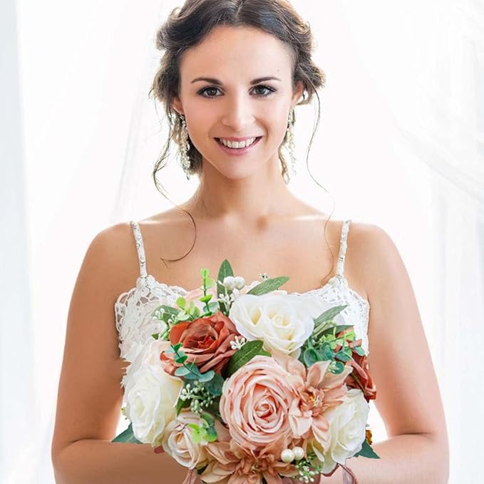 CYANLUX Wedding Bouquets for Bride Bridesmaid Bouquet Champagne White Artificial Roses Flowers for Wedding Valentine's Day Church Home Decoration… (Pink)