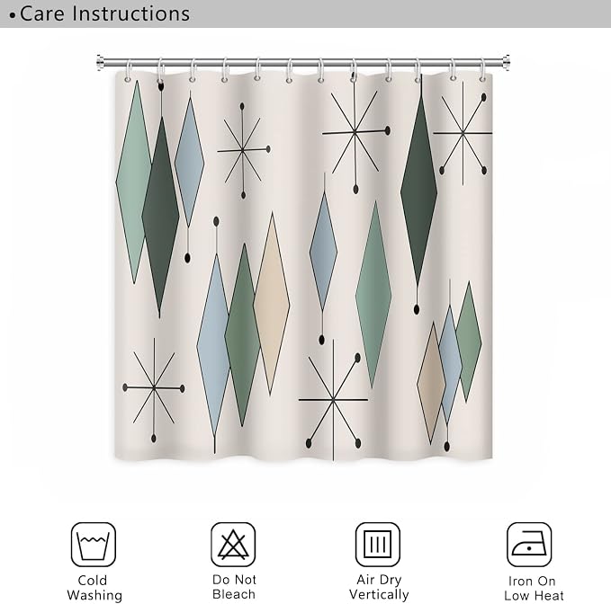 Mid Century Shower Curtain Modern Abstract Diamond Geometric Atomic Starburst Pattern for 1950s Retro Bathroom Decor Accessories Shower Curtain Set with 12 Hooks, 65x72 Inches