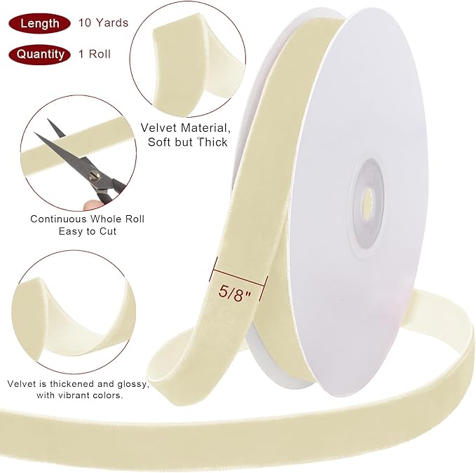 10 Yards Cream Velvet Ribbon 5/8 Inch for Christmas Tree,Ivory Velvet Christmas Ribbon for Gift Wrapping Crafts Bow Wreath Holiday Decorations (Cream)