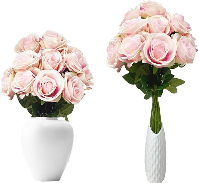 12 PCS Rose Artificial Silk Flowers, Fake Roses with Long Stems Realistic Faux Rose Flower Bouquets for Home Wedding Decoration Party-Gradient Pink