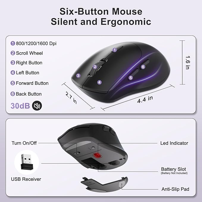 Wireless Keyboard and Mouse Combo, 2.4G Full Size Wave Keys Ergonomic Keyboard with Wrist Rest, Phone Holder, 3-Level DPI Wireless Silent Mouse with 6-Buttons, for Windows, Mac OS (Purple Black)