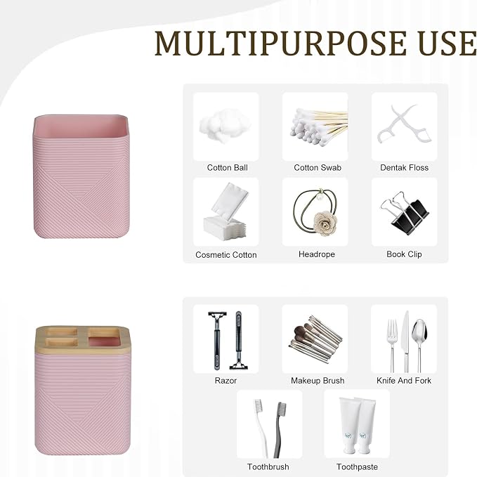CERBIOR Bathroom Accessories Set 6 Piece Bamboo Bath Ensemble Includes Soap Dispenser, Toothbrush Holder, Toothbrush Cup, Soap Dish for Decorative Countertop and Housewarming Gift (Pink)