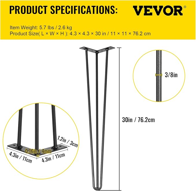 VEVOR Hairpin Table Legs 30" Black Set of 4 Desk Legs 880lbs Total Load Capacity Hairpin Desk Legs 3 Rods for Bench Desk Dining End Table Chairs Carbon Steel DIY Heavy Duty Furniture Legs