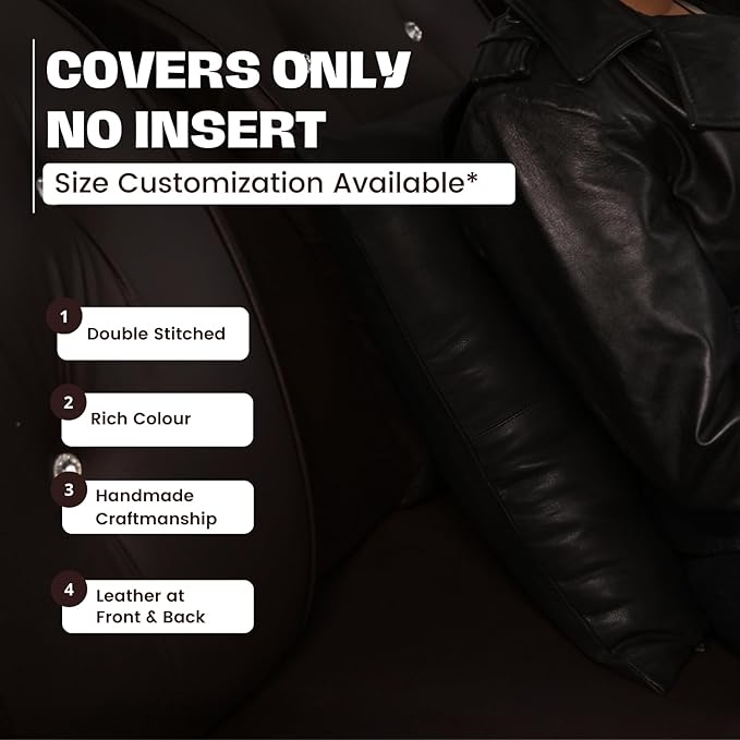 D DOLLY LAMB Lambskin Leather Pillow Cover - Sofa Cushion Case - Decorative Throw Covers for Living Room & Bedroom, 16x16 Inches - Black (02) Pack of 2