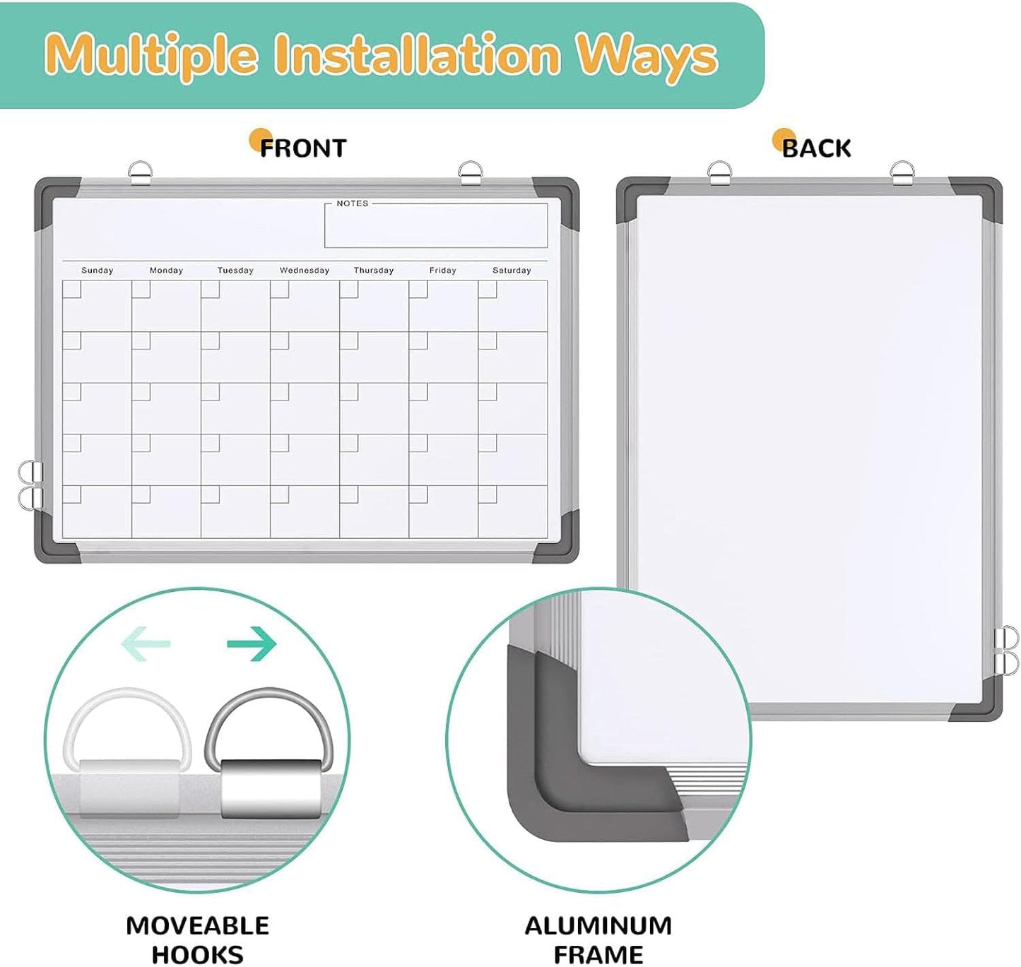 Skiennix Monthly Calendar Dry Erase Whiteboard - Magnetic Double-Sided Wall Board (16" x 12")