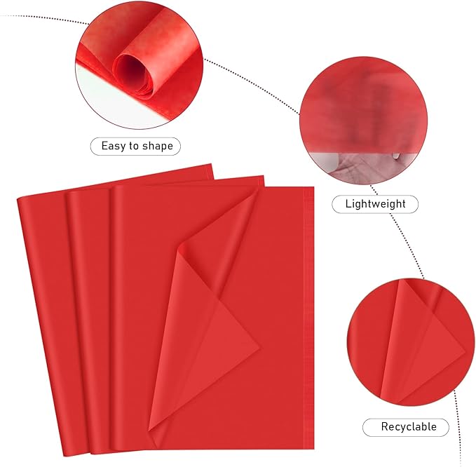 NEBURORA 120 Sheets Red Tissue Paper - 14 x 20 Inches, Christmas Wrapping Paper Bulk for Gift Bags, Packaging, Floral Filler, Crafts, Birthday, Wedding, Valentine's Decor