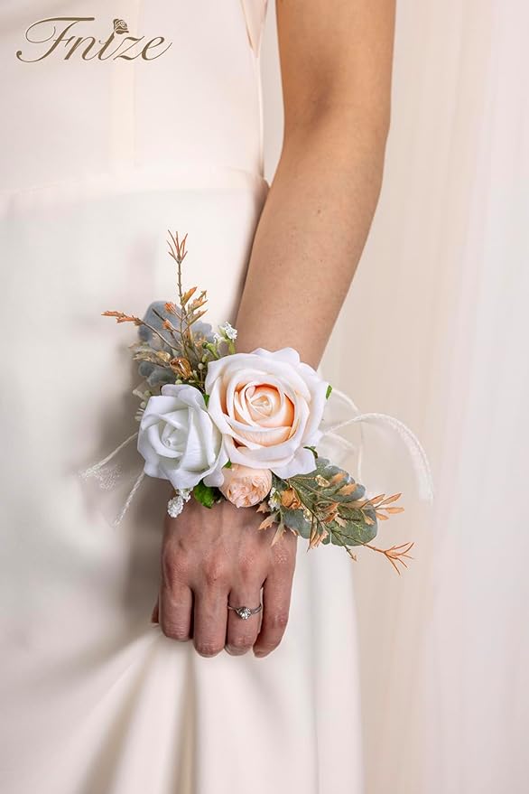 Fnize Champagne Corsage and Boutonniere Set for Bride Groom Bridesmaids Groomsmen Wedding Homecoming Prom Flowers Artificial Rose Boutonniere and Wrist Corsage Flower