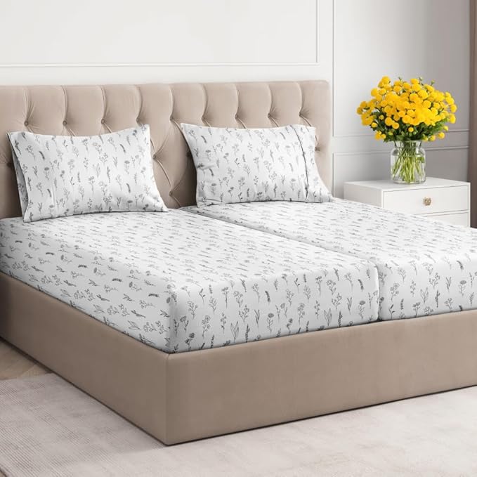 Floral Sheets - Black & White Floral Bed Sheet Set - 1 Flat, 2 Fitted & 2 Pillowcases w/ Deep Pockets - Wrinkle & Fade Free - Boho Botanical Bedding - Soft, Breathable & Cooling - Split King Size Set
