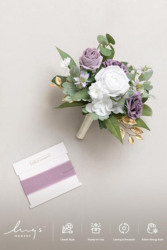 Ling's moment Purple Bridesmaid Bouquet, Wedding Bouquets for Bridesmaids, 7 Inch Bridal Bouquets for Bridesmaids, Wedding, Ceremony, Anniversary, etc.