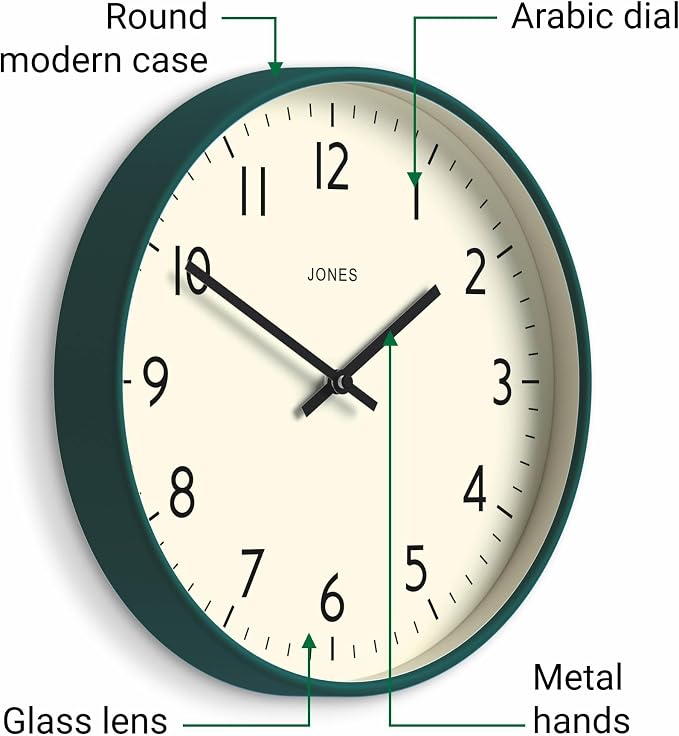 JONES CLOCKS® Studio wall Clock | Modern Round Style | 12 inch | Dark Green | Easy to Read Numbers | Versatile Design for Kitchen, Living Room or Office