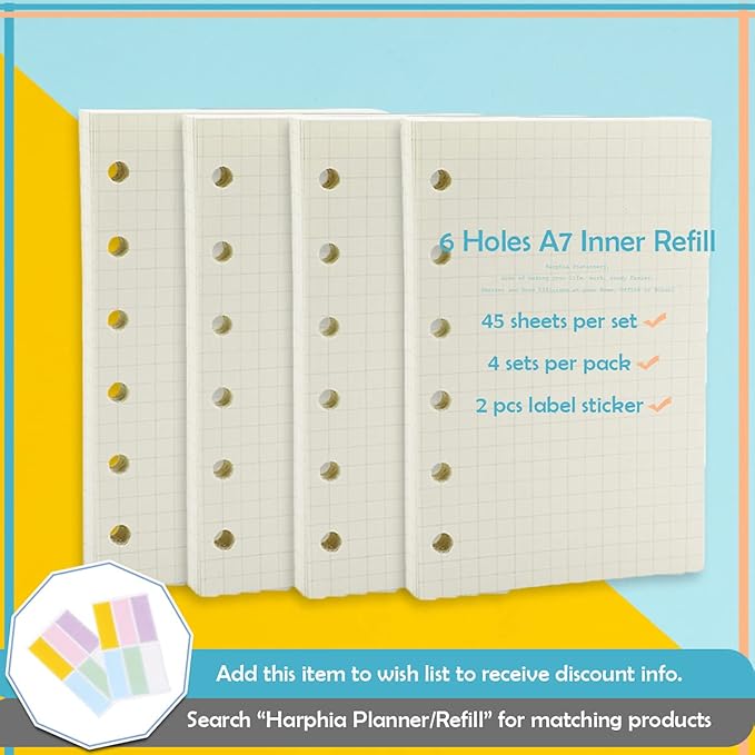 A7 Planner Refill,4 Pcs per Set, 360pages, Grid Mattrix Paper, with Label Stickers Gift,Mini Binder Refills,6 hole/100gsm Thick Paper/4.84 x 3.23'', Harphia