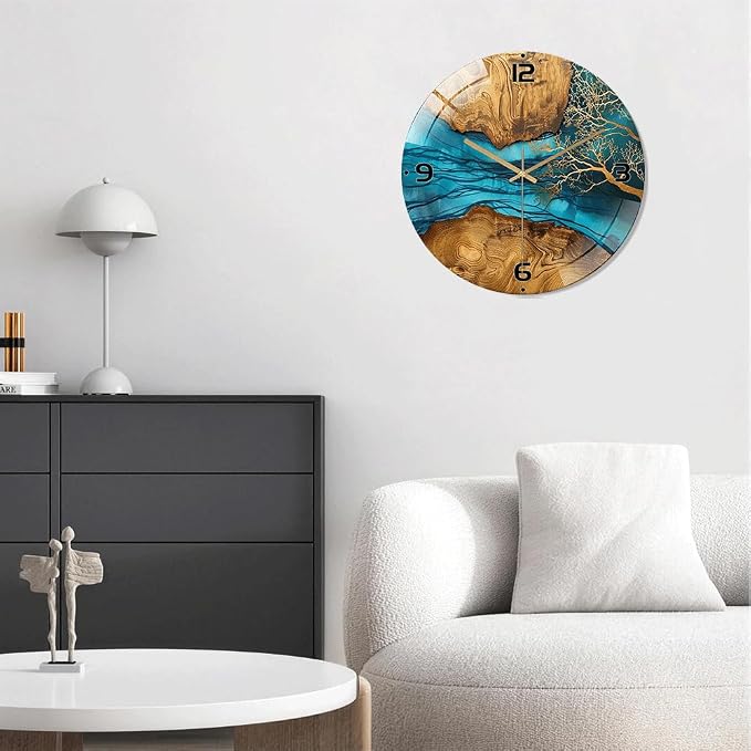 12 Inch Blue River Glass Wall Clock Silent Modern Art Decor | Silent glossy resin and wood-style wall clock perfectly tracks time, adding modern art to your living room
