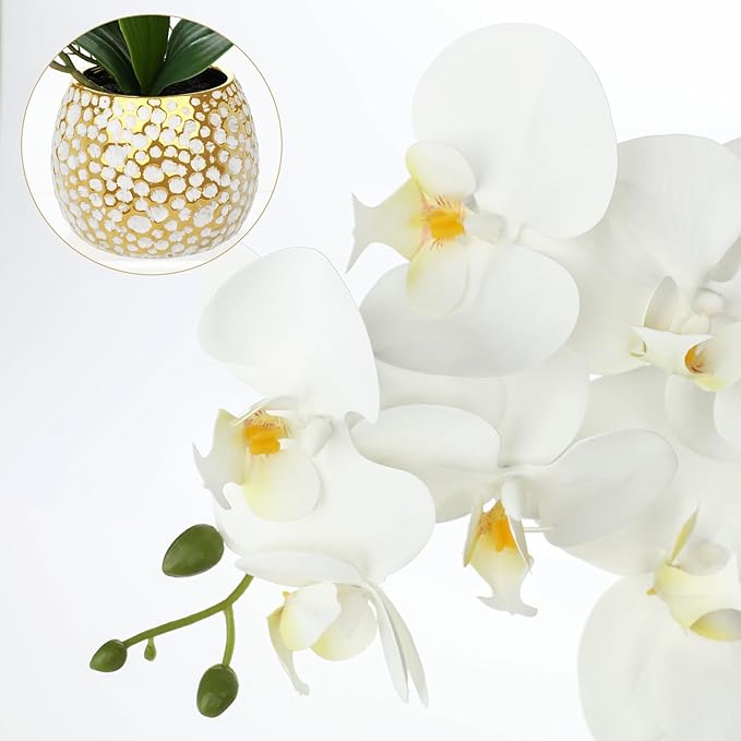 Briful Orchid Artificial Flowers 17.7in White Orchid Silk Flower with Gold Pot Faux Orchid Arrangement for Home Office Bathroom Kitchen Shelf Table Centerpiece Decoration