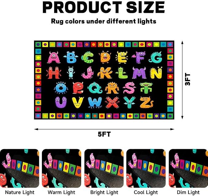 Alphabet Monster Area Rug for Kids 3'x5' Colorful ABC Learning Carpet Non Slip Educational Play Mat for Nursery Bedroom Playroom Classroom Entryway Living Room Home Decor