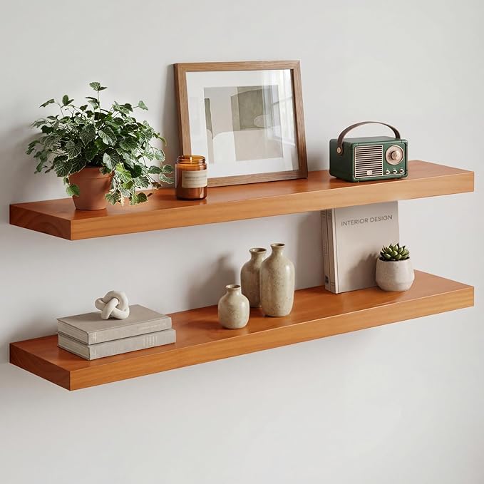 Homeforia Oak Floating Shelves 36 inches Long, High End Solid Real Wood 36 inch Floating Shelf for Room Wall, Honey Oak Wooden 36inch Kitchen Shelves, Heavy Duty Bracket, 36 X 6.5 X 1.75 in, Set of 4