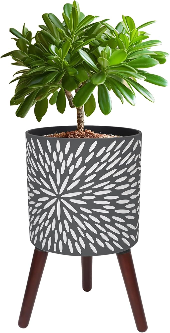 12 Inches Plant Pot with Stand, Large Modern Standing Planters for Indoor Plants with Drainage Holes, Gray Flower Pots with Legs