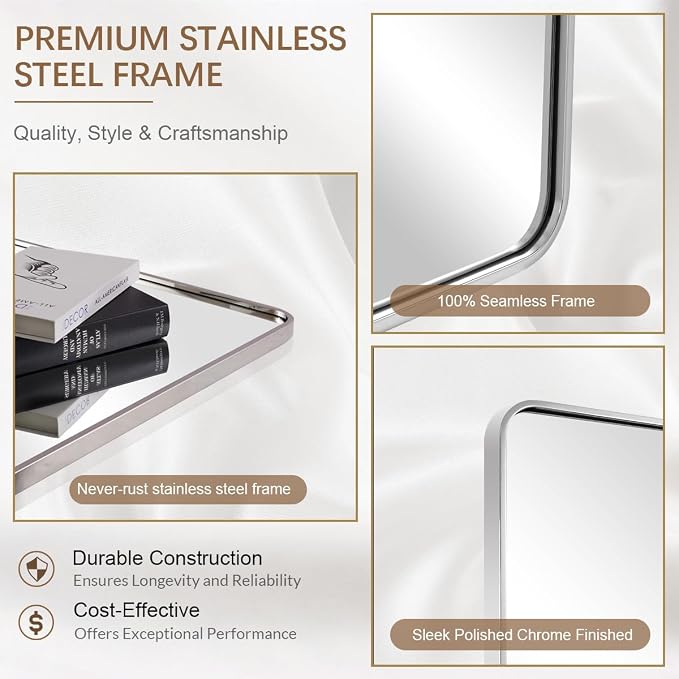 ANDY STAR 24x30'' Brushed Nickel Bathroom Vanity Mirror Over Sinks, Rounded Rectangle Bathroom Wall Mirror in 1'' Seamless Tube Metal Frame,SUS304-Anti-Rust, Wall-Mounted Horizontal/Vertical