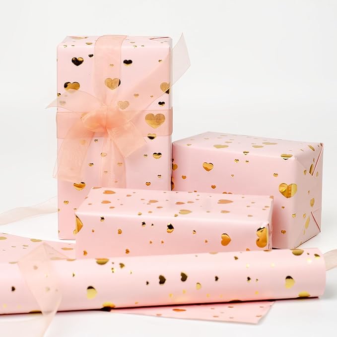 LDGOOAEL Mini Short Wrapping Paper Roll - Reversible Design (17 inches X 32.8 feet) - Gold Foil Hearts on Pink for Valentine's Day