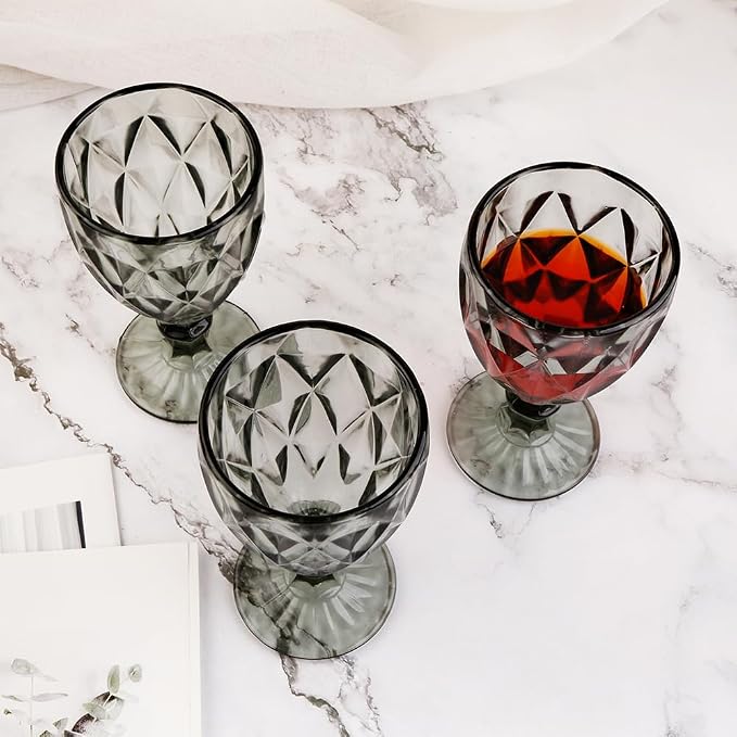 Pure Grey Wine Glasses 6Pcs a Set Solid Colors Glass Goblets Colorful Dishwasher Safe Colored Glassware With An Embossed Vintage Colored Goblets Pattern Like Crystal (Glass, Grey)