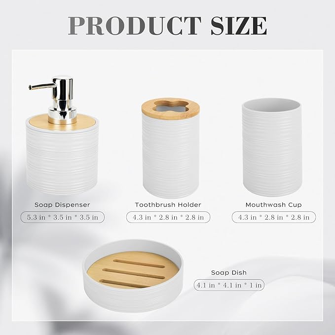 4 PCS White Bathroom Accessories Set, Includes a Soap Dispenser, Toothbrush Holder, Soap Dish and Mouthwash Cup, Plastics & Bamboo Bathroom Set, Bohemian Style Bathroom Sink Set