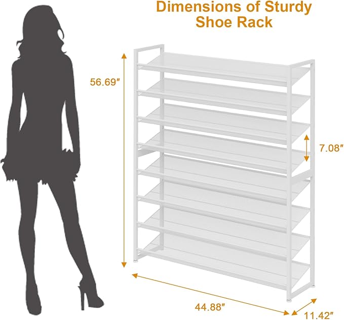 NEYCIL Large Shoe Rack 8 Tier Shoe Organizer, Heavy Duty Metal 4-Tier Stackable Shoe Storage Vertical Shoe Rack for Closet Front Door Entrance, Up to 50 Pairs, 44.8" W x 11.4" D x 56.7" H, White