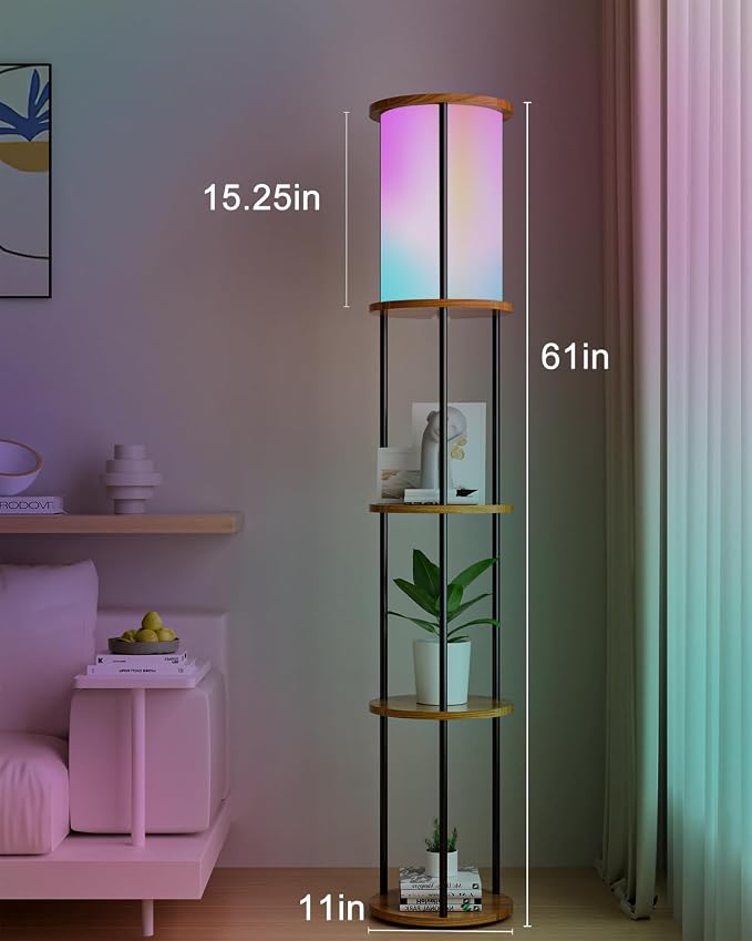 Lightdot 61" RGB Floor Lamp with Shelves, 3-Tier Storage Smart Remote Control Standing Lamp with Fabric Shade, Bulb Included, Dimmable Floor Lamps for Living Room/Sofa Beside/Corner Decor (Black)