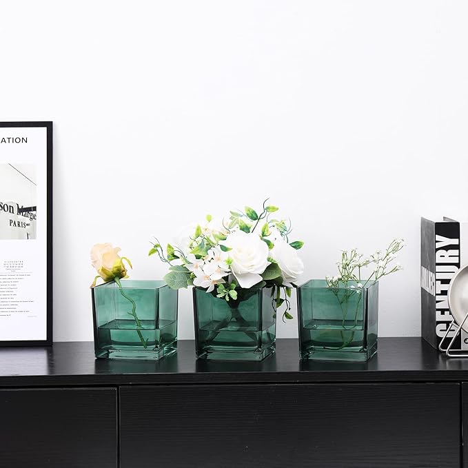 MARTAGE Square Green Glass Vases Set of 2, 6" x 6" x 6" Square Vase for Centerpieces, Flower Vases for CenterpieSquare Vaseces, Small Vase for Wedding, Party, Home Office Decoration