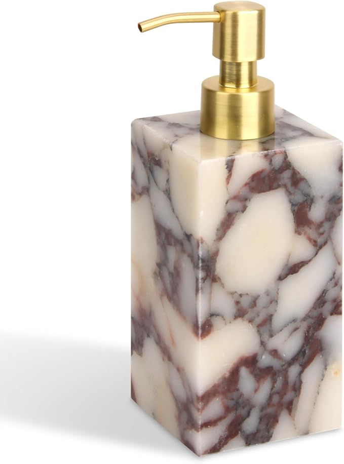 Natural Marble Soap Dispenser for Bathroom and Kitchen Countertop - 5.41 Ounces Hand Lotion and Liquid Stone Shampoo Laundry Bottle with Pump (1, Calacatta Viola, Rectangular Bottle)