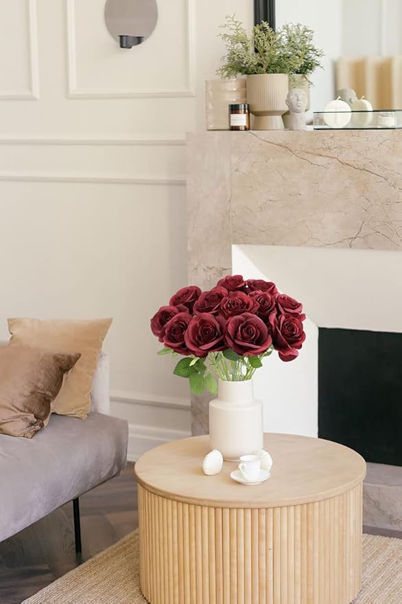Artificial Rose Flower Artificial Flowers Flower with Long Stem Silk Roses Bouquet for Wedding Bridal Shower Party Home Decoration (Burgundy, 12 Pcs)