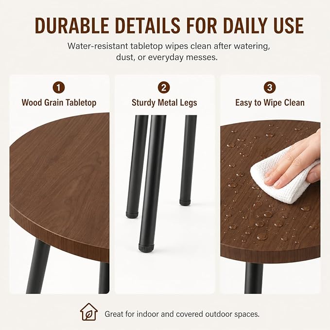2 Pack Plant Stand Set: Small Round Plants Stand Indoor Wood Grain Plant Tables with Metal Legs - Indoor Outdoor Plant Stands for Living Room, Bedroom, Patio, Balcony, Brown, 150 lbs Capacity