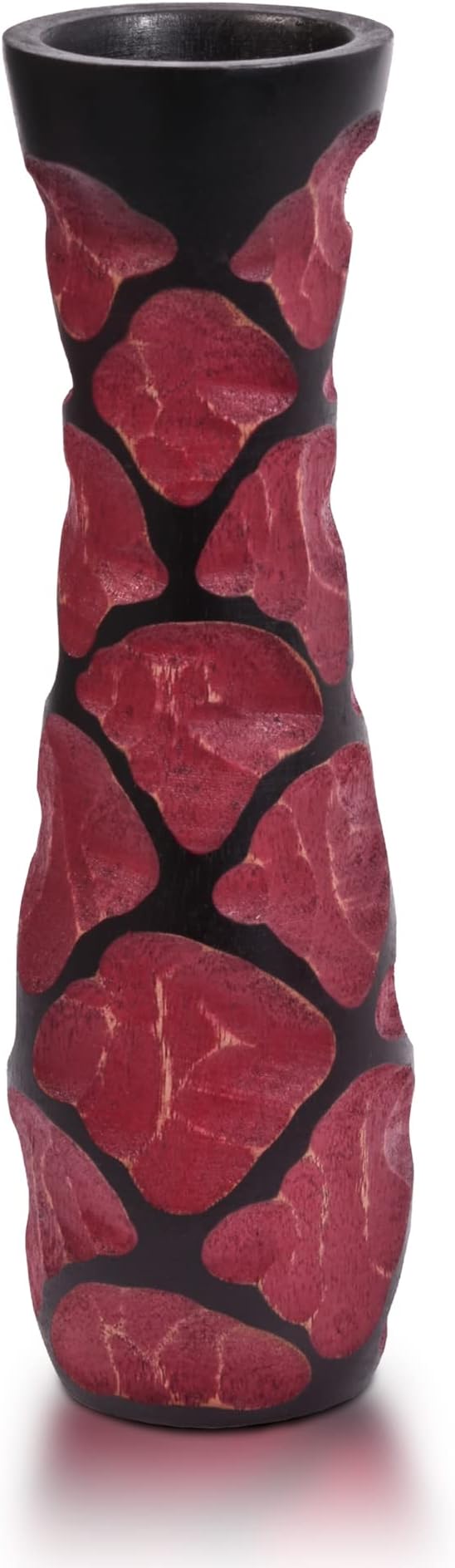 Beautifully Carved 10-Inch Red & Black Mango Tree Wood Vase | Handcrafted Decorative Wooden Flower Vase | Elegant Home Decor Accent