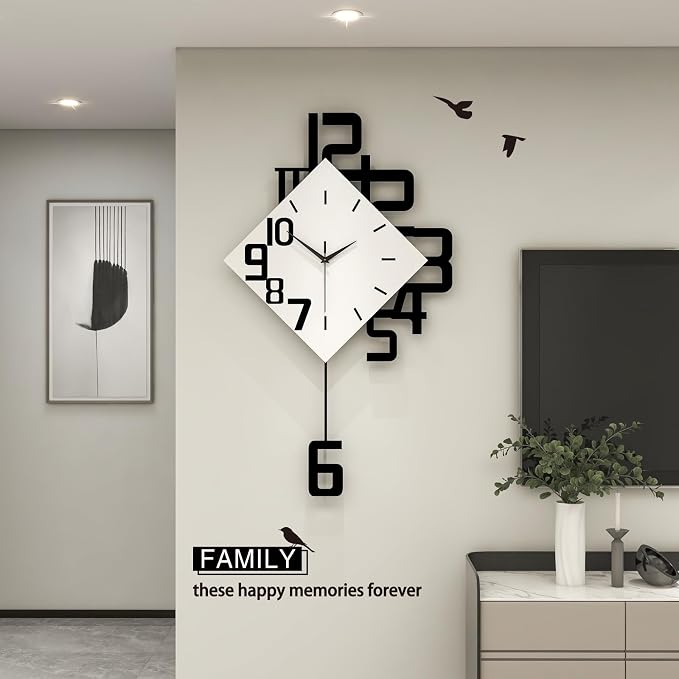 FLEBLE Large Wall Clocks for Living Room Decor Silent Pendulum Battery Operated Non-Ticking for Bedroom Kitchen Office Home 26" Decorative Clock Square White Wood Wall Decor for School Indoor
