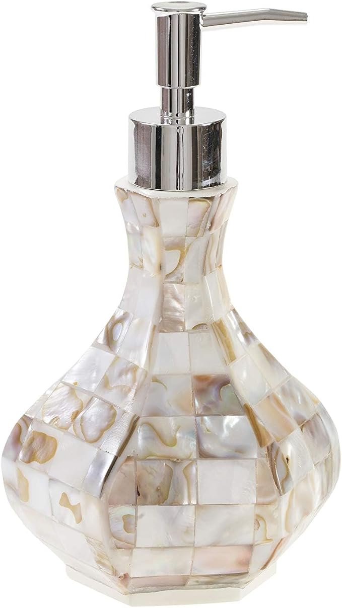 Milano Hand Soap Dispenser for Bathroom, Decorative Countertop Lotion Dispenser Finished in Beautiful Mother of Pearl, with Durable Pump for Elegant Bathroom Decor