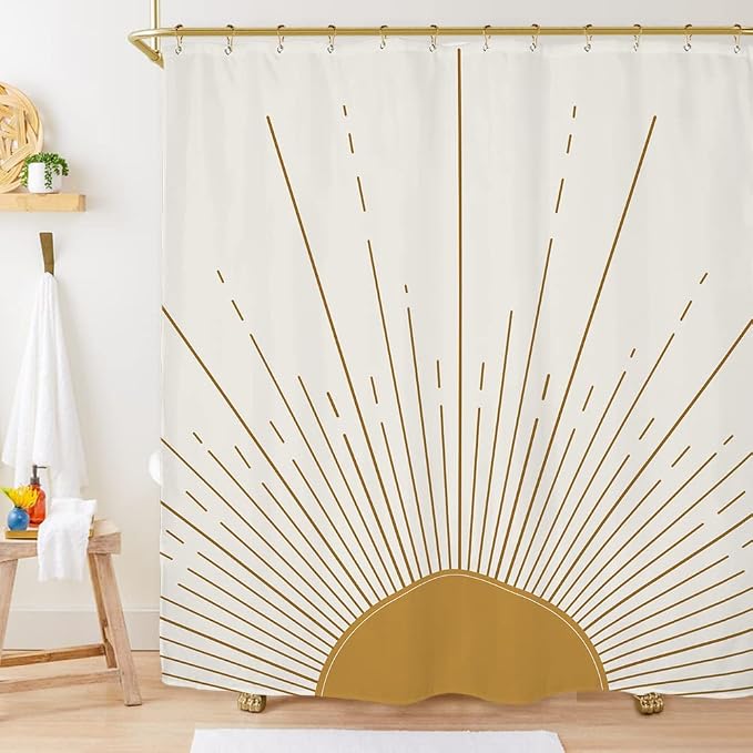 Miyotaa Abstract Sun Shower Curtain Set 60Wx71H Inches Modern Minimalist Mid Century Aesthetic Mustard Yellow Sunburst Sunrise Simple Polyester Waterproof Cloth Bathroom Curtain with 12 Hooks