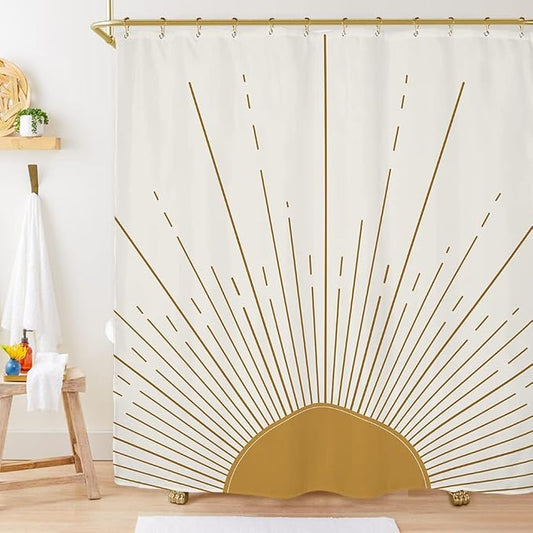 Miyotaa Abstract Sun Shower Curtain Set 60Wx71H Inches Modern Minimalist Mid Century Aesthetic Mustard Yellow Sunburst Sunrise Simple Polyester Waterproof Cloth Bathroom Curtain with 12 Hooks