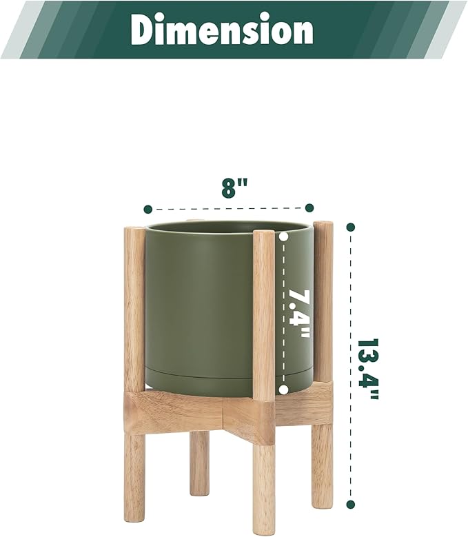 D'vine Dev Planter Pot with Stand - 8 Inch Plastic Cylinder Flower Pot with Wood Planter Holder for Indoor, Olive Pot + Natural Stand, 55-C-J-3