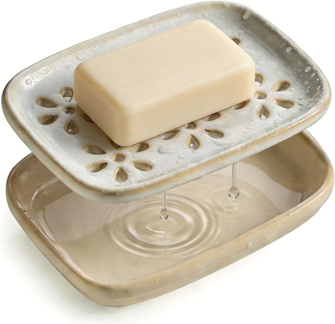 Miamolo Soap Dish for Shower with Drainage, Double Layer Bar Soap Holder, Ceramic Soap Saver Sponge Holder for Bathroom, Tub and Kitchen Sink, Slotted Draining Soap Dishes Extend Soap Life, Beige