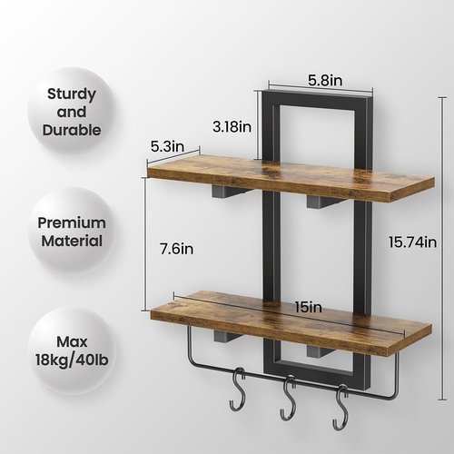 Creso Hom Floating Wall Shelves - Set of 2 Wooden Shelves with 6 Hooks | Rustic Brown for Home Decor