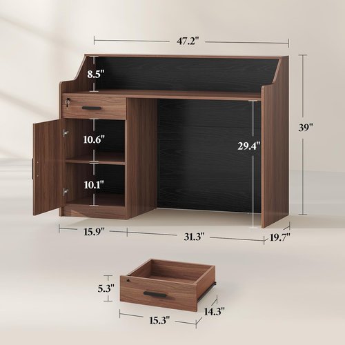 Regine Switzerland Reception Desk - Modern 47-Inch Front Desk with Drawer & Storage Cabinet for Beauty Salons, Home Offices