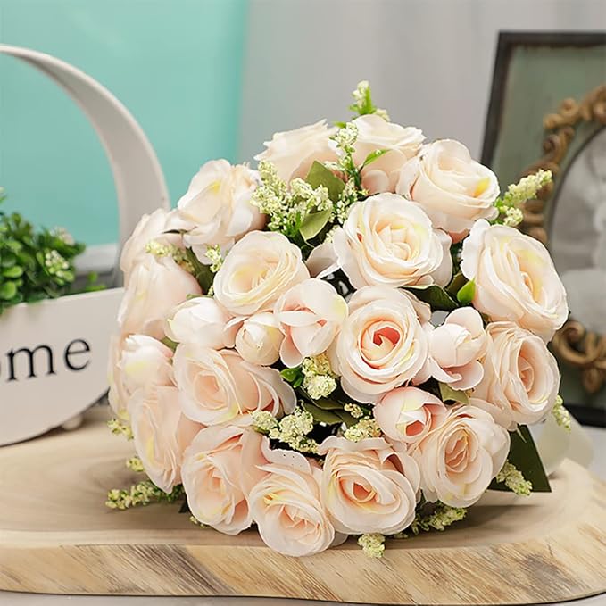 CYANLUX Wedding Bouquets for Bride Bridesmaid Bouquet Champagne White Artificial Roses Flowers for Wedding Valentine's Day Church Home Decoration (1#Champagne)…