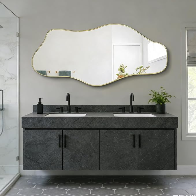 Large Irregular Mirror, 63"x30" Asymmetrical Tempered Glass Mirror Full Length, Gold Organic Frameless Wall Mirrors for Entryway Hallway Bedroom Living Room, Horizontal or Vertical Hanging