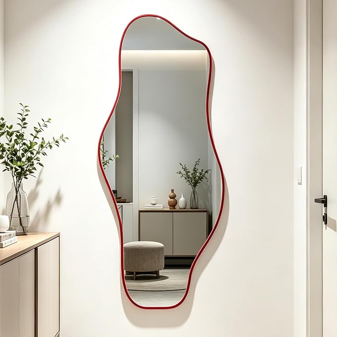 Large Irregular Wall Mirror, 60"x24" Red Asymmetrical Tempered Glass Mirror, Frameless Organic Shaped Mirrors for Entryway Hallway Bedroom Living Room, Horizontal or Vertical Hanging